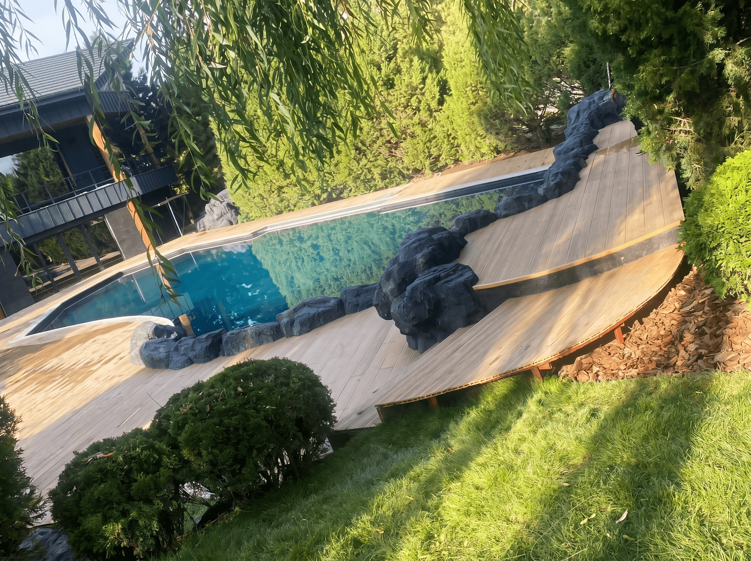 Работа Handecking: Бассейн с декоративным камнем — террасная доска ДПК в Алматы